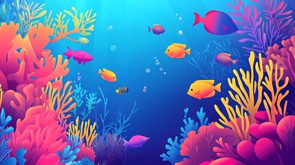 Colorful coral reef underwater scene with bright tropical fish swimming amongst the coral.