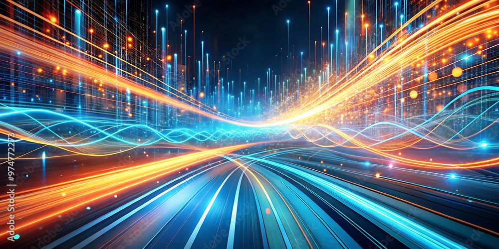 Poster abstract background wave technology network connection digital data stream flow lines blue orange li