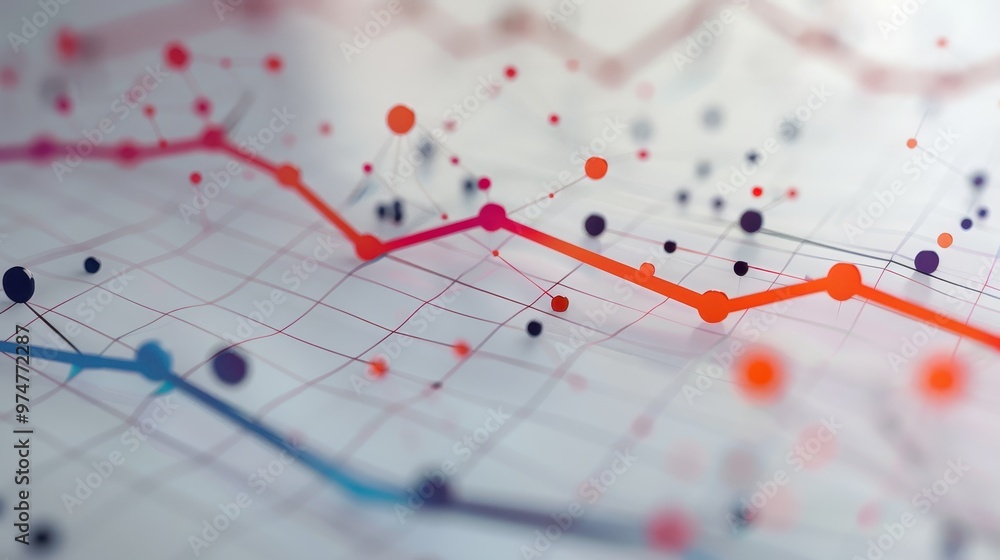Poster a complex, abstract data visualization with lines, dots, and grids in various colors, representing d