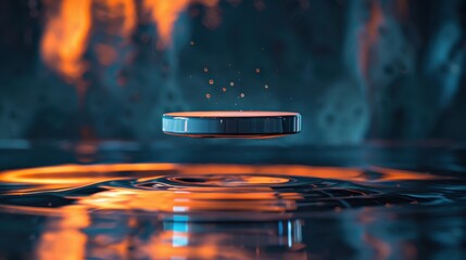 A metallic disc hovers above a water surface, creating ripples and reflections against a backdrop of fiery orange hues