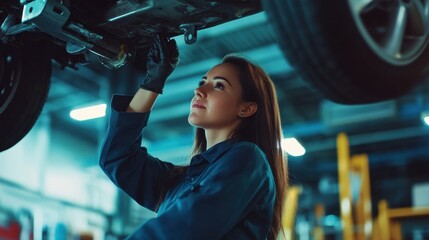 Woman working under a car in an auto repair shop during the evening
