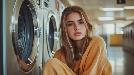 Young woman relaxing in a laundry room while waiting for clothes to wash