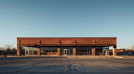 A modern, brick storefront with large glass windows and a flat roof, situated in a parking lot under a clear blue sky
