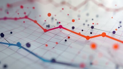 A complex, abstract data visualization with lines, dots, and grids in various colors, representing data trends or patterns