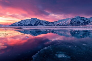 Mountain Range Reflecting in a Frozen Lake at Sunset