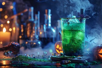 Spooky green halloween cocktail with smoke
