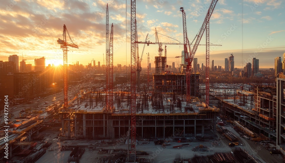 Poster dynamic construction site featuring numerous tower cranes in action amidst ongoing development