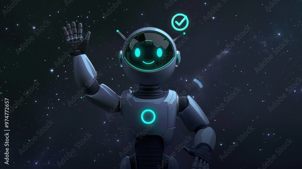 Poster cartoon robot with a friendly expression, waving its hand. the robot has a futuristic design with gr
