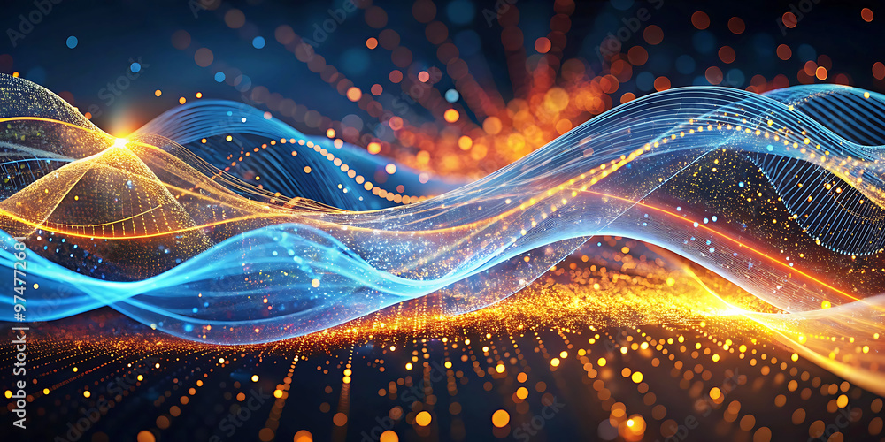 Poster abstract background wave technology network connection digital data stream flow lines blue orange li