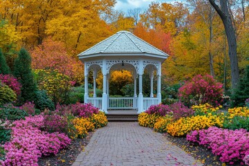 Obraz premium White Gazebo in a Garden with Autumn Colors