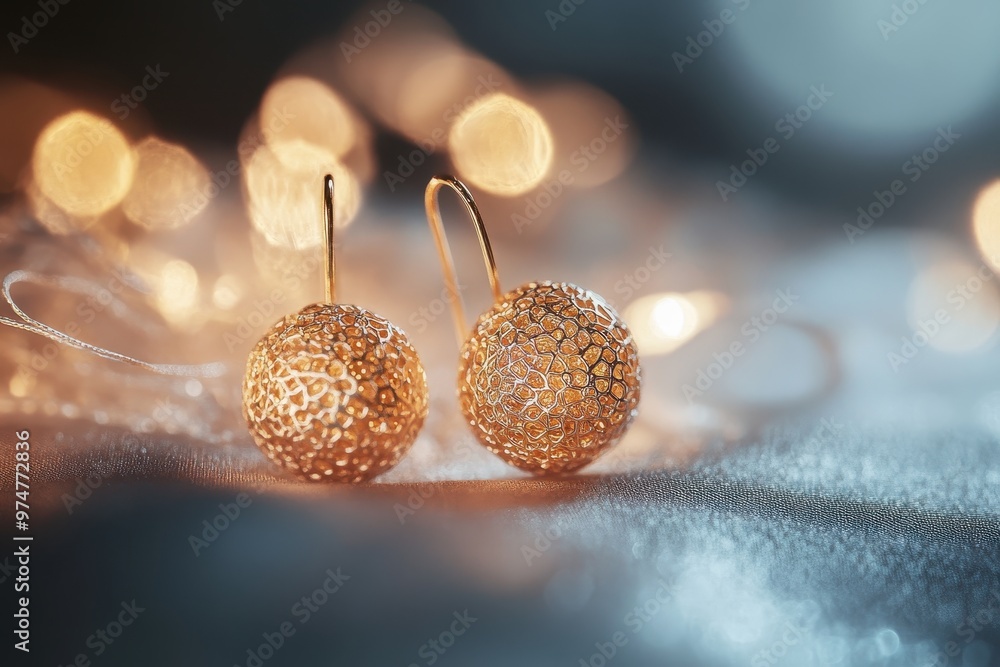 Poster close-up of elegant earrings with a delicate design and soft bokeh background.