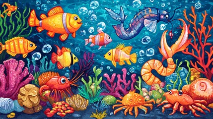 Colorful cartoon fish, shrimp, crabs, and sea creatures in a vibrant underwater scene with coral reefs and bubbles.
