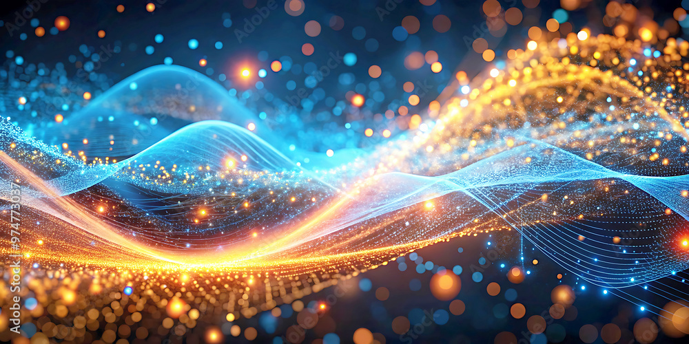 Poster abstract background wave technology network connection digital data stream flow lines blue orange li