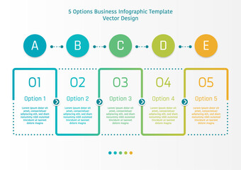 5 options business infographic template, theme of colorful polygon line with small arrow, also with number and text frame