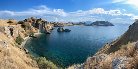 Fototapeta premium Rocky cliffs overlook turquoise ocean cove.
