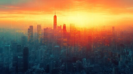 Fototapeta premium The silhouette of a modern city skyline overlaid with financial graphs, depicting the connection between urban development and economic expansion.