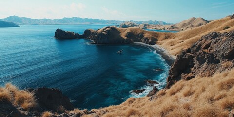 Obraz premium A rocky, grassy cliff overlooking a deep blue bay.