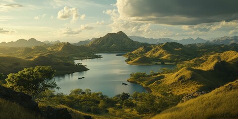 Obraz premium Serene lake surrounded by verdant hills.
