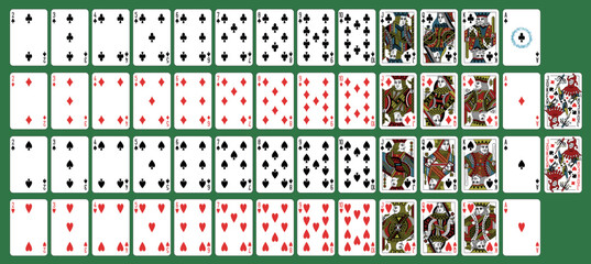 Playing Cards (poker, bridge), full deck. Classic design. Printable, vector and editable. King, Queen, Jack and Joker characters. Spades, Hearts, Diamonds, Clubs suits.  © Oleksandr
