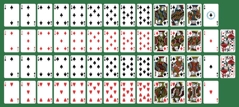 Playing Cards (poker, bridge), full deck. Classic design. Printable, vector and editable. King, Queen, Jack and Joker characters. Spades, Hearts, Diamonds, Clubs suits.	