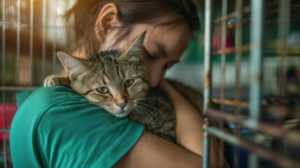 A volunteer comforting a scared cat in an animal shelter with a calming atmosphere