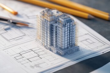 Blueprint of a construction project with 3d digital architectural design elements