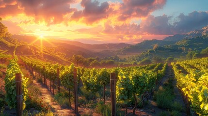 Naklejka premium Vineyard Sunset Landscape