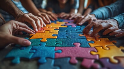 People from various backgrounds collaborating to finish a colorful puzzle, their focus and cooperation showcasing the importance of working together to reach a goal.