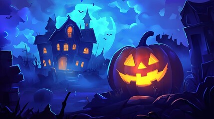 Halloween pumpkin in front of haunted house, cartoon style, bright colors