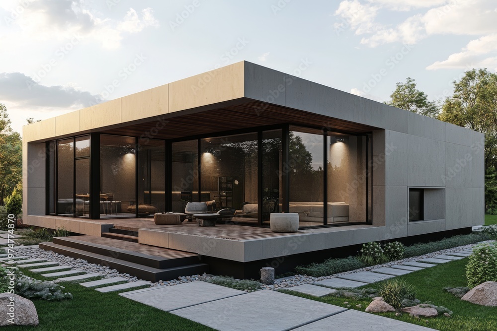 Poster 3d illustration of modern modular house construction using composite sip panels in progress