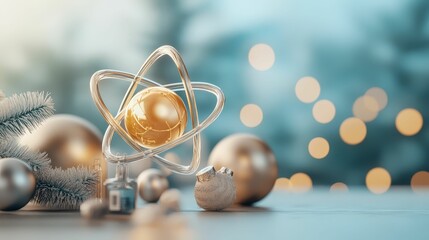 Christmas tree topper shaped like a glowing atom, surrounded by chemistrythemed decorations, scientific holiday fun