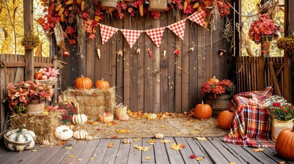 hay bales and pumpkins in front of an old wooden wall decorated with checkered flags