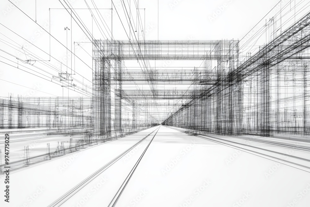 Aufkleber wireframe view of bim model for transportation infrastructure object in photography shot