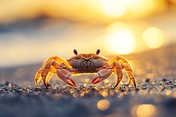 Fototapeta premium Crab standing on a beach at sunset