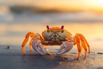 Colorful crab walking on the beach at sunset