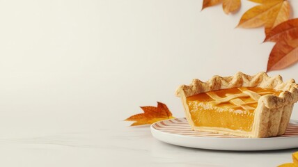 Thanksgiving pie slices, on a festive plate, 3D illustration, copy space for text,