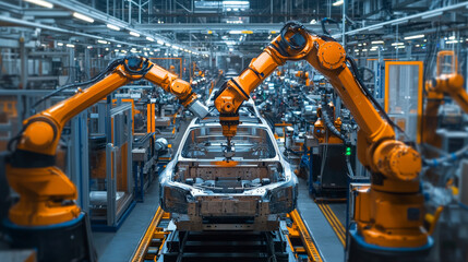 Assembly line in an automotive plant, workers and robots collaborating, efficient production