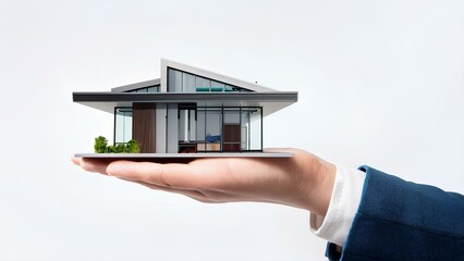 Real estate architectural project, building model in architect hand. Hand holding model of modern building on white background.