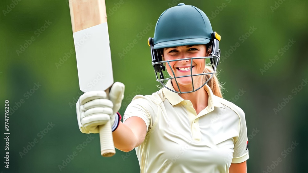 Wall mural confident female cricket player holding bat on field