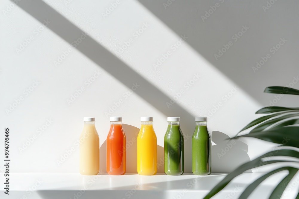 Poster five colorful juice bottles arranged on a shelf with natural light and shadows.