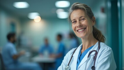 Confident Female Doctor Smiling in Hospital Corridor