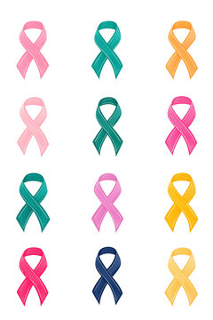 Awareness ribbon, different colors, set of isolated icons illustration transparent background