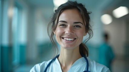Fototapeta premium Smiling Nurse in Hospital Corridor with Stethoscope
