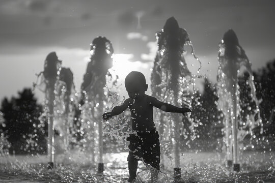 Joyful Child Playing in Water Fountain at Sunset in Black and White - Powered by Adobe
