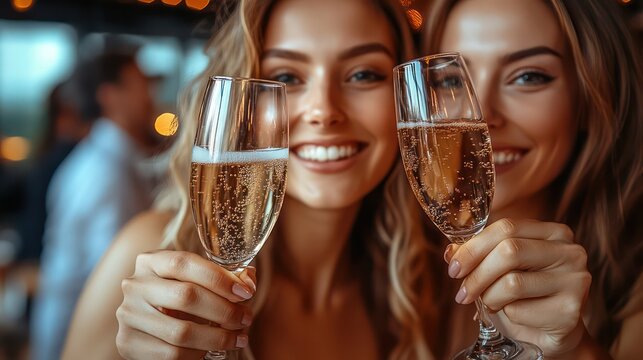 Business professionals clinking champagne glasses in a bright, stylish office space, celebrating a successful project completion with cheerful expressions.