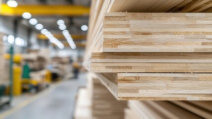 Obraz premium Plywood cross-laminated timber process in a factory, multiple layers bonded for structural integrity plywood industry, cross-laminated timber
