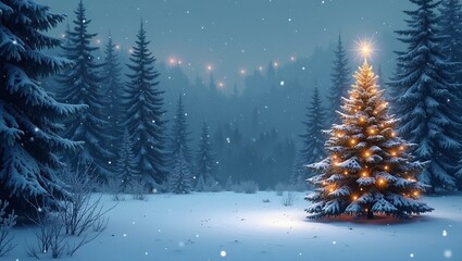 Obraz premium Magical snowy forest with Christmas tree and glowing lights