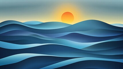 An abstract depiction of a seascape with a sunrise over the ocean. The scene is rendered in shades of blue and orange, with a stylized, layered effect that gives the impression of depth and movement.