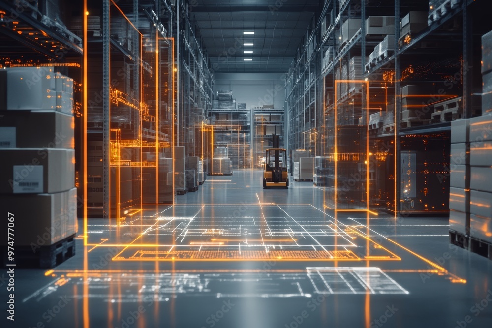 Poster illuminated 3d warehouse with holographic data visualization and forklifts in a dark gray setting