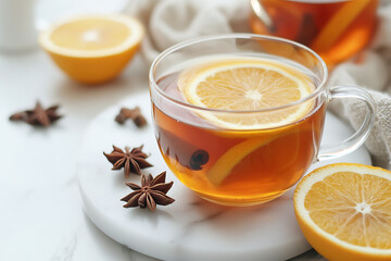 Cozy autumn citrus tea infused with warming spices, perfect for a chilly day. A comforting seasonal drink with a fragrant aroma.